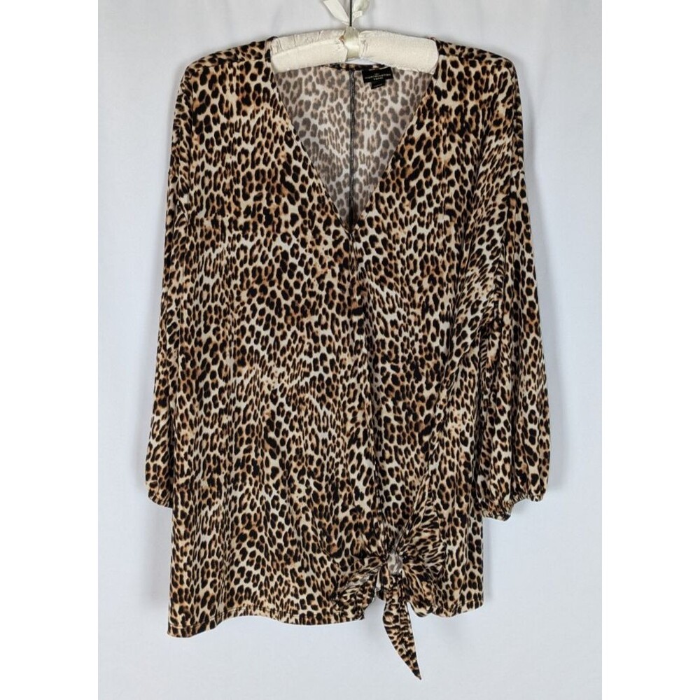 Worthington Blouse 1X Women's Brown Leopard Print Vneck Knot Tie Hem 3/4 Sleeve